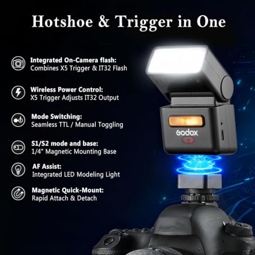 Image of Godox iT32 TTL Flash with X5F Flash Trigger for Fujifilm X-T5, X-T30, XM5 | Hotshoe&Trigger 2-in-1,HSS 1 /8000s, Color Touchscreen; Compatible with X-T4, X-T2, X-S20, X100F, X-Pro2, X-T3, X-T20