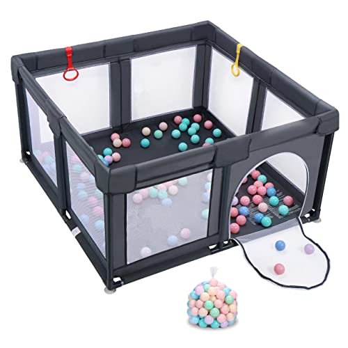 Image of Baby Playpen, Playpen for Babies and Toddlers Indoor & Outdoor Kids Activity Center with 50 Ocean Balls Small Baby Playard Breathable Mesh Kids Safety Play Area, 47in x 47in (Dark Gray)