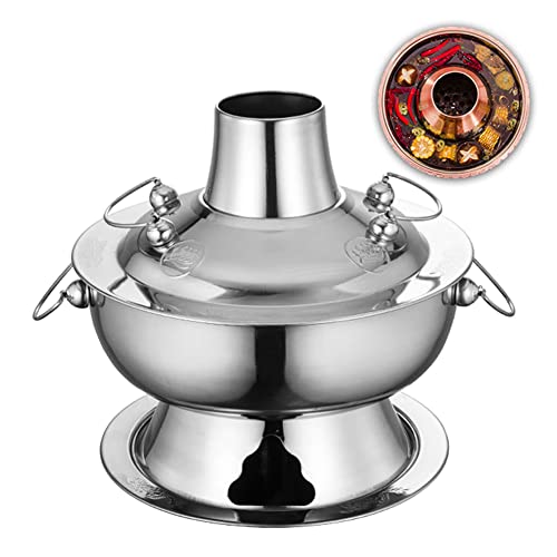 Pot Vintage Shabu,Chinese Copper Hot Pot, Shabu Shabu Vintage with Chimney Stainless Steel Hot Pot Cooker Chinese Kitchen Soup Cooking Cookware for 1-10 People Home Party Restaurant(Silver,2