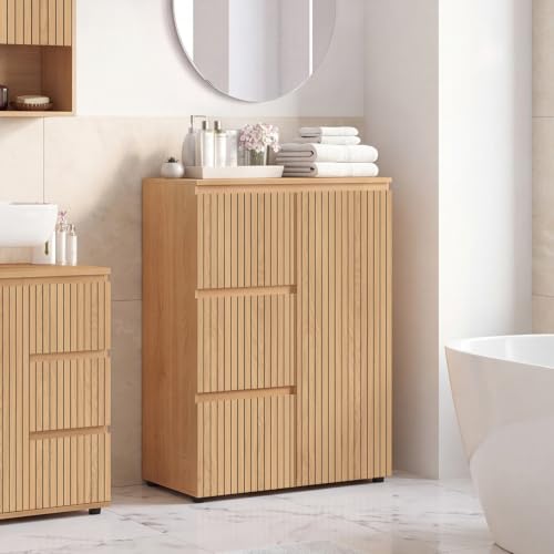 Meuble de rangement salle de bain VICTOR 3 tiroirs avec placard effet lattes - vue 3