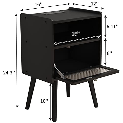 Soowery Mid Century Modern Nightstand With Charging Station, Bedside Tables With Glass Decorative Door, End Table Side Table With 2 Tiers Storage Space, For Bedroom, Living Room, Black #TOP2