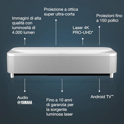 Epson EH-LS800W Videoproiettore Laser PRO-UHD 4K 16:9, Ottica Ultra Corta Epiqvision, Smart Android Tv, 4000 Lumen, Bluetooth/Hdmi/Usb/Wlan, Chromecast, Sorround 3D Yamaha, Proiezione Max 150” Bianco - 2