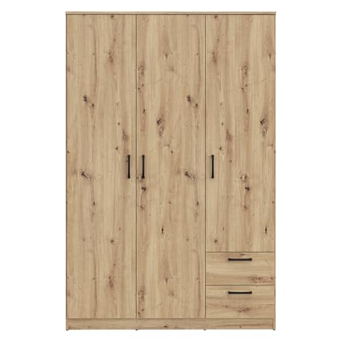 FORTE NIKO Kleiderschrank 122, Schrank im Scandi-Stil mit 3 Türen und 2 Schubladen, Holzwerkstoff, Artisan Eiche Dekor, 122 cm breit, 185 cm hoch, 52,7 cm tief