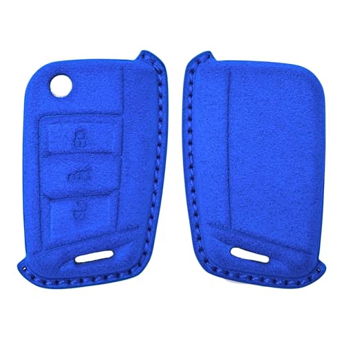 Image of KMH Alcantara Car Key Cover Compatible with Volkswagen Polo Vento Jetta Ameo Passat and Skoda Rapid Laura Superb Octavia Fabia Yeti 3 Button Shell Case Holder Smart Keycover (D1) Blue - Pack of 1