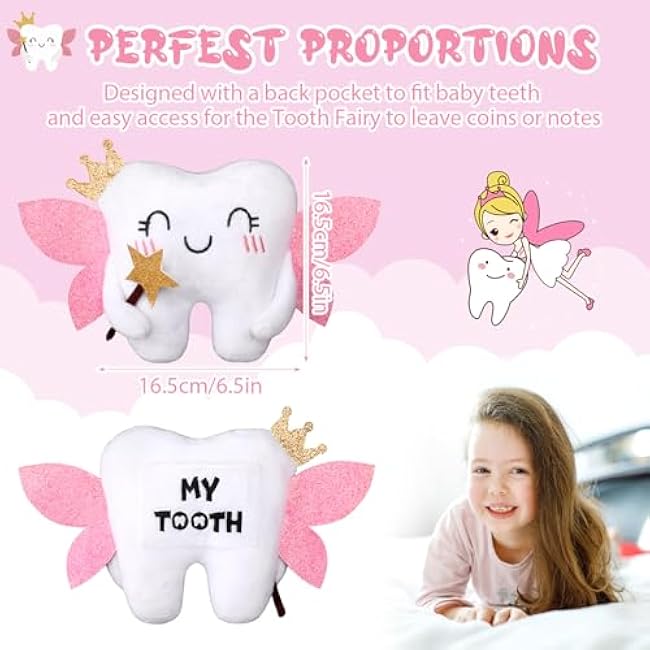 Tooth Fairy Pillow Kit Includes Toothfairy Pillow with Pocket Fairy Glitter Receipt Envelope Card, Toothfairy Plush Keepsake Gift for Kids Boys Girls Souvenir (Cute Style)