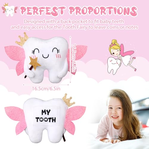 Image of Threehoney Tooth Fairy Pillow Kit Includes Toothfairy Pillow with Pocket Fairy Glitter Receipt Envelope Card, Toothfairy Plush Keepsake Gift for Kids Boys Girls Souvenir (Cute Style)