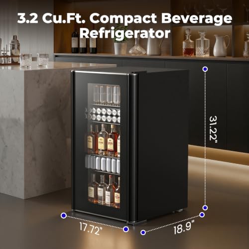 Image of Electactic Wine Fridge 130 Can Beverage Refrigerator Cooler, 3.2 Cu.Ft Drink Fridge for Soda Wine Beer, Adjustable Temperature Control for Home Office, Black
