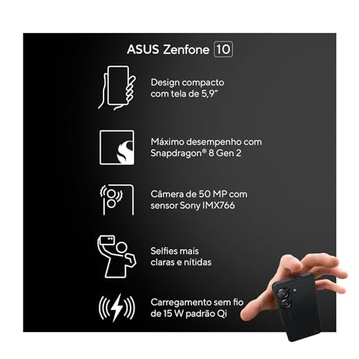 Smartphone Asus Zenfone 10, Snapdragon SM8550, 8GB, 256 GB, Android 13, Tela 5,92" Amoled, Midnight Black - AI2302-2A061BR