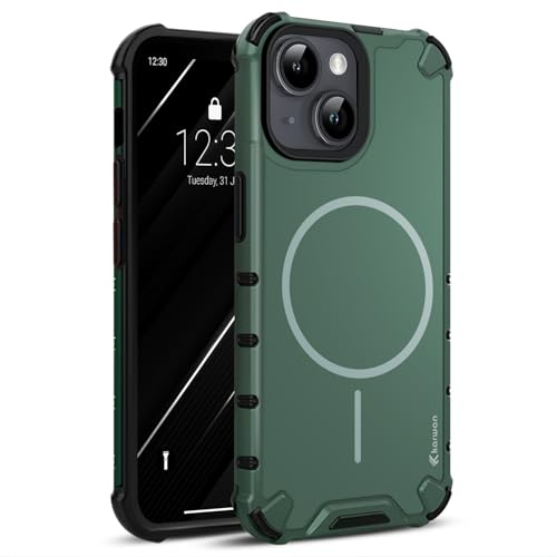 Image of KARWAN Tough Shockproof Back Case Cover Compatible with iPhone 13 Dual Layer Armor Protection with Matt Finish,Edge Guard Bumper Heavy Duty Rugged Cover with Magnetic MagEase Wireless Charging (Green)