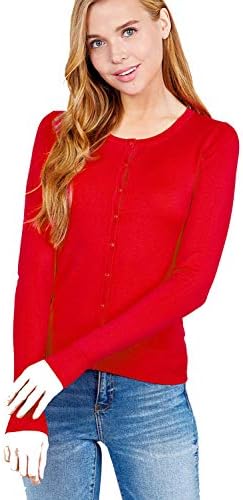 Khanomak Women's Basic Long Sleeve Round Neck Button Down Rayon Sweater Cardigan (Red,Small)