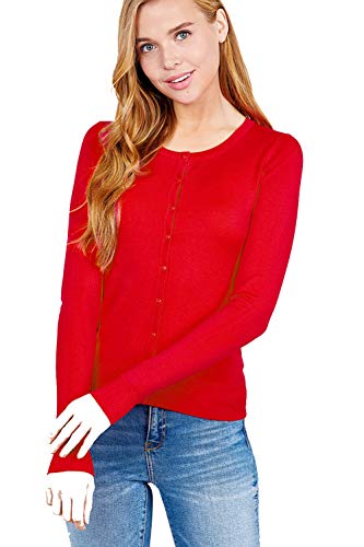 Khanomak Women's Basic Long Sleeve Round Neck Button Down Rayon Sweater Cardigan (Red,Small) #TOP30