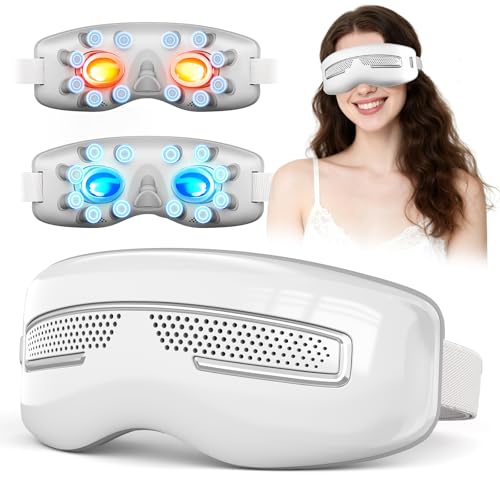 Eye Massager with Heat and Cooling, Integrated Smart Mask with Nose Rest and Soft Silicone Massage head, 4 Massage Modes for Migraines, Dry Eye, Dark Circles,Bluetooth Music, Gift for Women (White)