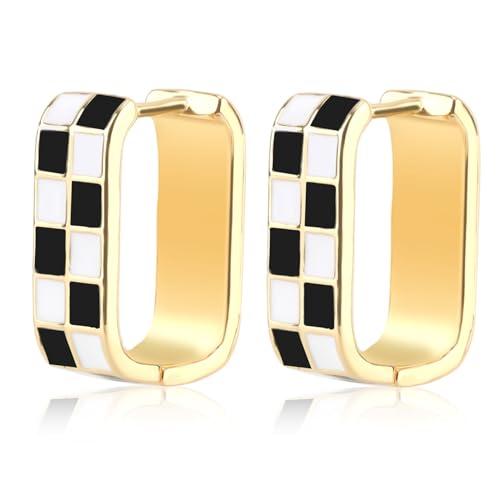 Checkered Earrings, Creative Black And White Checkered Oval Hoop Earrings Vintage Gold Hoop Earrings Interesting Earrings for Women