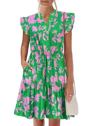 Image of HOTOUCH Women Printed Dress for Summer Short Ruffle Sleeve Dress Tiered Mini Dress with Pockets