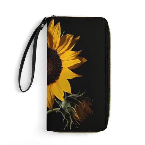 Sunflower Black Background Leather Wallet Smooth Zip Around Clutch Wristlet Travel Long Soft Purse for Women