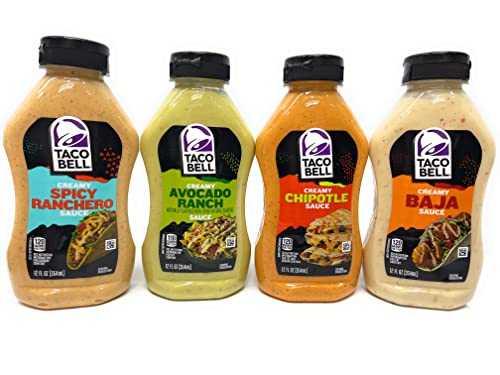 Taco Bell Creamy Taco Sauce Bundle: (1) Spicy Ranchero, (1) Avocado Ranch, (1) Chipotle, (1) Baja and a ThisNThat Recipe Card