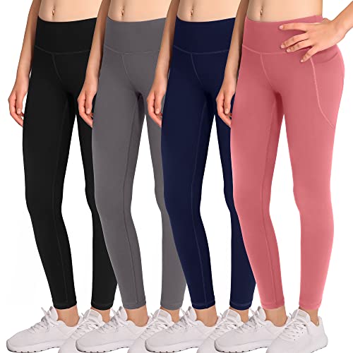 BHRIWRPY 4-Pack Girl Yoga Leggings with 2 Pockets-Kids Active Workout Pants