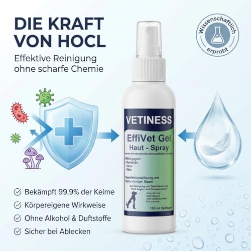vetiness EffiVet Gel - Hautspray 150 ml für Hunde und Katzen - Reinigung und Desinfektion - Alternative zu Wundgel Katze und antiseptische Wundsalbe Hund
