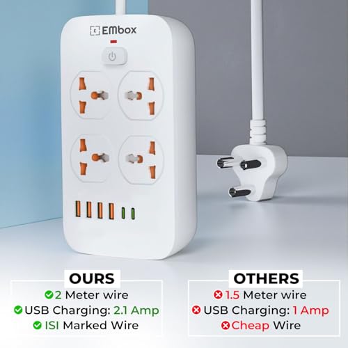 Image of Embox Extension Board with USB Type C | Extension Board with Switches 6A Spike Guard 4 Universal Sockets 2500W Extension Cord | Safety Shutter LED Indicator, 2meter