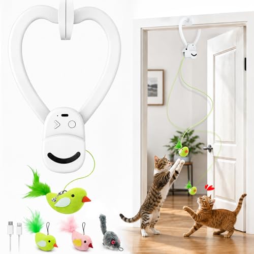 Interactive Cat Toys for Indoor Cats: Automatic Flying Bird Feather Wand Chase Exercise Enrichment Stimulation, USB Rechargeable Durable Safe Hanging Toy for Bored Kittens Adult Multi Cat Households