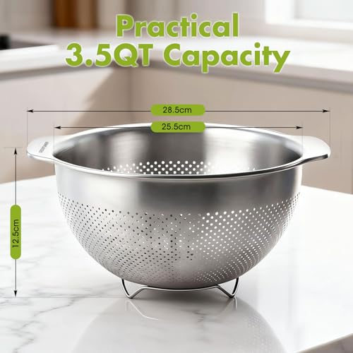 Greentainer Stainless Steel Colander Strainer Bowl - 3.3L Rust-Proof Fine Mesh with Handle Kitchen Food Strainer Basket for Washing Vegetables and Fruits, Durable Pasta Strainer & Drain Basket - Image 3