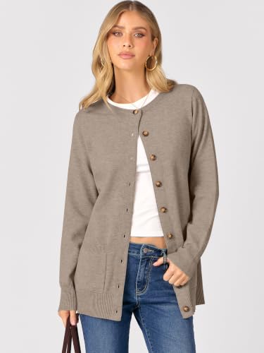 ANRABESS Women's Cardigans 2026 Fall Dressy Casual Long Sleeve Crewneck Button Down Open Front Soft Knit Cardigan Sweaters Tan Large — view 2