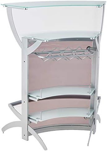 Coaster Home Furnishings Modern Contemporary Curved Home Bar Table Wine Storage Cabinet Frosted Glass Shelves Silver