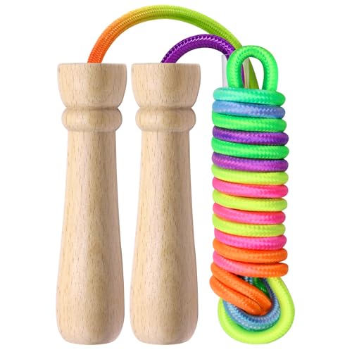 EOPUOZS Corde à Sauter Enfant, 2,8M Corde a Sauter Reglable avec Poignée en Bois, Corde à Sauter Colorée, pour Garçon Fille Fitness Training Exercice...