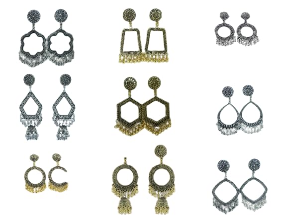Vintage Bohemian Dangle Earrings, Antique Gold Tone Geometric Drop Earrings with Beaded Fringe, Statement Chandelier Earrings Jhumkha Bezel for UV Resin – Set of 5 Assorted Golden & Silver Oxidised Metal Bezels | Round, Oval, Flower, Drop, Square & Geometric Shapes | For Resin Jewellery Making, DIY Earrings & Crafts-image-27