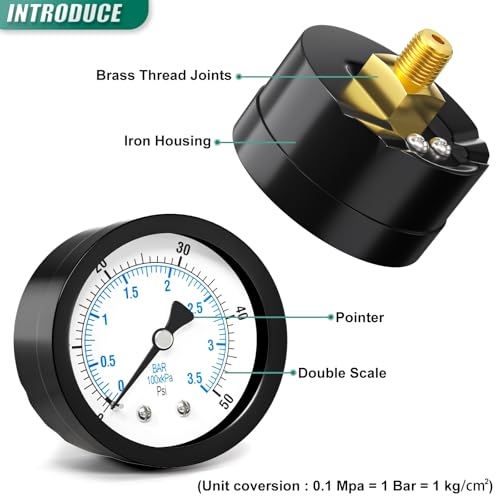 Image of 0-50PSI Well Pump Pressure Gauge 2 inch Dial Size, 1 /8 inch NPT Back Mount, 3-2-3% Accuracy, for Tube, Water Pump, Gas, Liquid, Pressure Test