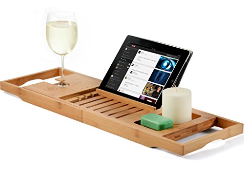 Premium Bamboo Bathtub Tray Caddy - Wood Bath Tray Expandable with Book, Wine Holder - Gift Idea for Loved Ones