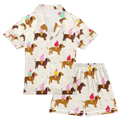 senya Dachshund Ice Cream Satin Summer Pajama Sets Silk Short Sleeve Button Down Sleepwear