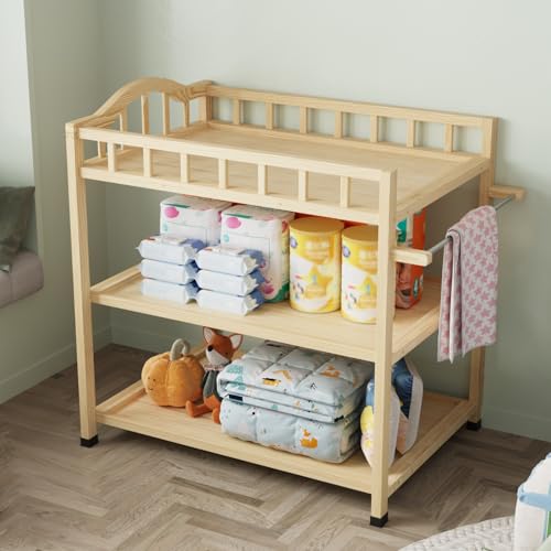 Caldion Cómoda cambiador con cambiador, mesa cambiadora para bebé, cómoda con estante, estantería para pañales, barra de acero inoxidable, pino virgen neozelandés, 90 x 60 x 89 cm