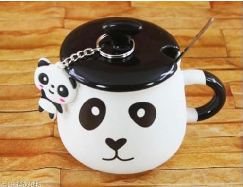 Image of Classy Corners Ceramic Panda Coffee Mug with LID, Spoon and Beautiful Keychain(Smily Panda)