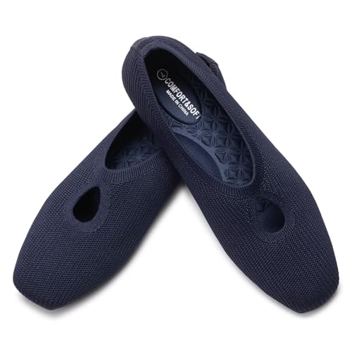 Frank Mully Women's Knit Flats Teardrop Upper Square-Toe Style Shoes Lightweight Flats for Women Comfortable Slip on Flats for Work Wedding Office3
