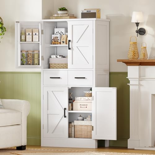 Image of TEENFON Pantry Cabinet with 2 Drawers, Kitchen Storage Cabinet with 4 Door Shelves, Kitchen Pantry for Living Room, Dining Room, Bathroom, White