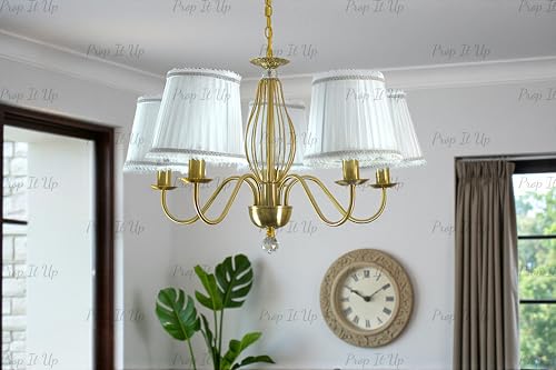 Image of Prop It Up 5-Light Chandelier with White Fabric Shades for Home, Gold Finish jhoomer for Hall, E27 Base, 72x78 cm, Crystal Accent, Bulb not Included