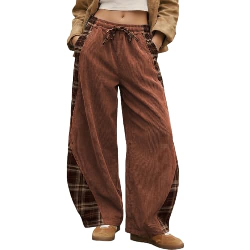 Women's Corduroy Pants Grunge Plaid Patch Work Barrel Pants - image 1