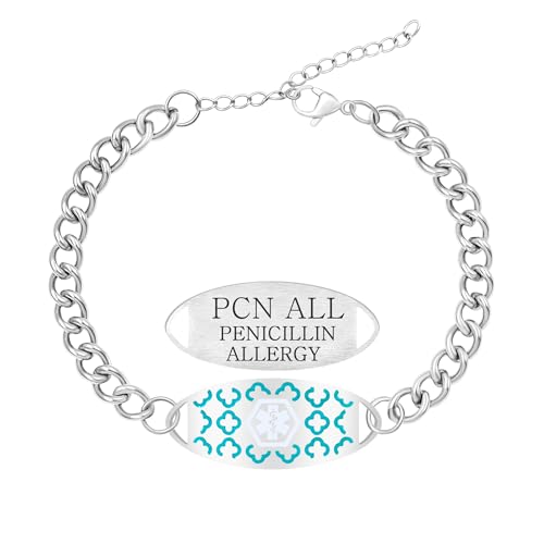 Vivaday Penicillin Allergy Medical Alert Bracelet for Daughter – Engraved PCN ALL ID, Stainless Steel Cyan Symbol Bracelet for Women