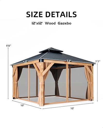 Hardtop Wood Gazebo 12'x12' for All Weather, with Double Metal Roof, Heavy Duty Wooden Frame, Net, and Curtain, Permanent Building for Patio, Deck, Backyard, Lawn, and Garden, Khaki