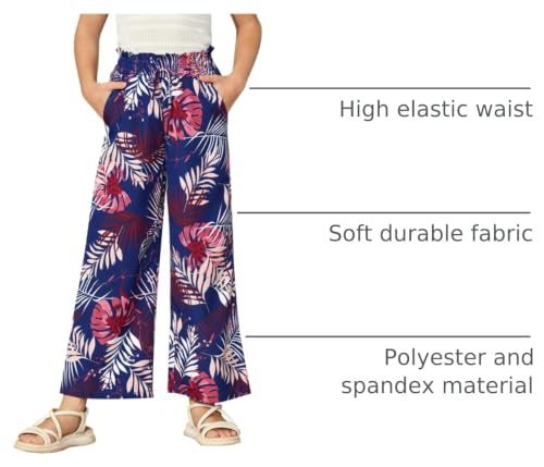 Image of Girls Summer Floral Wide Leg Pants High Waisted Flowy Dress Trousers with Pockets for School Lounge Beach 5-14 Years