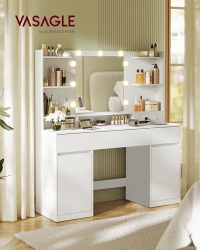 Image of VASAGLE 43.3-Inch Vanity Desk with Mirror and Lights, 3 Drawers 2 Cabinets