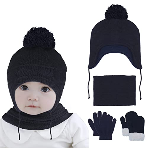 Hicdaw 6PCS Toddler Winter Hats and Baby Mittens Gloves Neck Warmer Set Baby Winter Hat Scarf Gift for Kid Boys Girls(Navy)