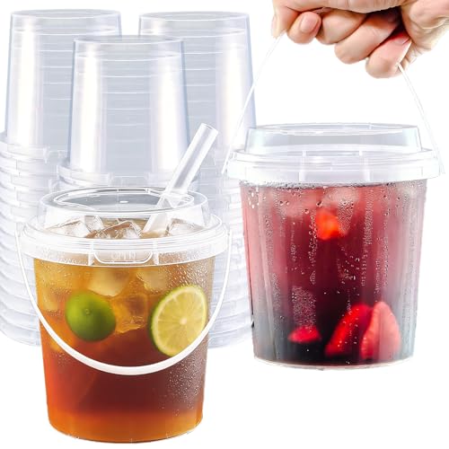 Nefocar 20 Set 25 oz Drink Bucket Clear Plastic Cups with Lids and Straws Disposable Drinking Cups for Cold Drinks Iced Coffee/Milkshakes/Smoothies Sturdy & Food Safe
