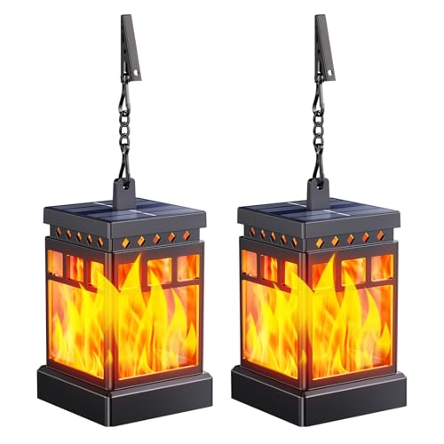 KOOPER Hanging Solar Lanterns Outdoor Waterproof, 2PCS Flickering Flame Hanging Solar Lights for Outside, Outdoor Solar Lanterns up to 12 Hours, Lanterns Decorative for Patio Porch Yard Garden Decor