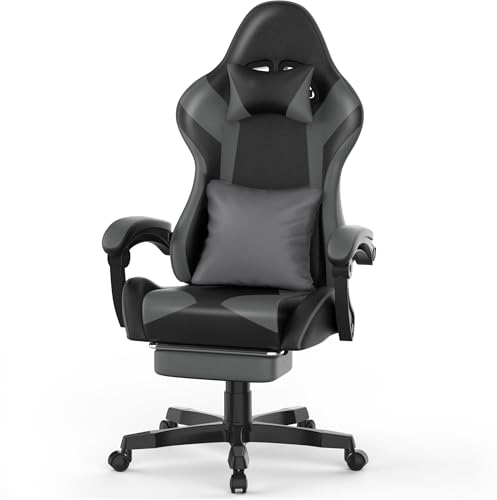 Soontrans Silla Gaming Ergonómica, Silla Gamer con Alfombrilla de Ratón, Reposapiés, Reposacabezas, Cuero sintético, Altura Ajustable, Cadeira Gaming para Escritorio, Juegos Online (Negro grisáceo)