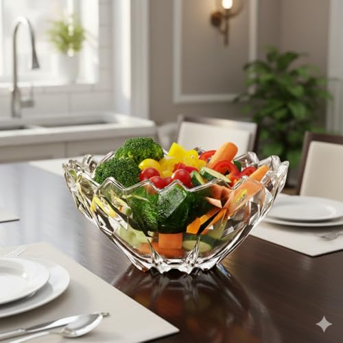Image of Decorative Crystal Glass Fruit Bowl 12 Inch Set of 1, Elegant Diamond Cut Design Serving Centerpiece for Dining Table, Kitchen Counter, or Living Room