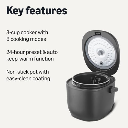 Image of Amazon Basics Rice Cooker Small 3-cup Uncooked 6-cup Cooked, Micon with Fuzzy Logic,Keep Warm, Black