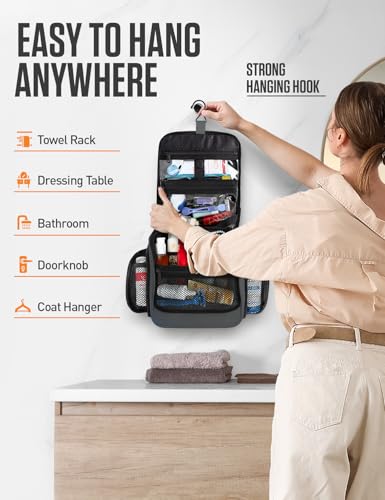 Image of VENTURE 4TH Hanging Travel Toiletry Bag, 18 Compartments - Gray | Hangs on rails, hooks or doors; stands upright. Removable TSA pouch. Water-resistant Nylon 290D Twill, reinforced stitching.