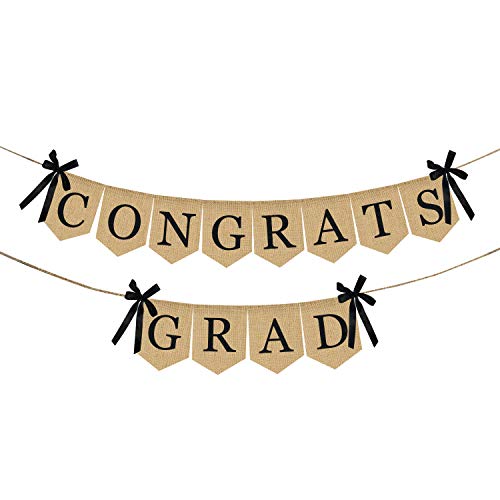 Image of Burlap Congrats Grad Graduation Banner - No DIY Required | Rustic Vintage Graduation Decorations Sign for College Grad Party and High School Graduation Party Supplies 2026